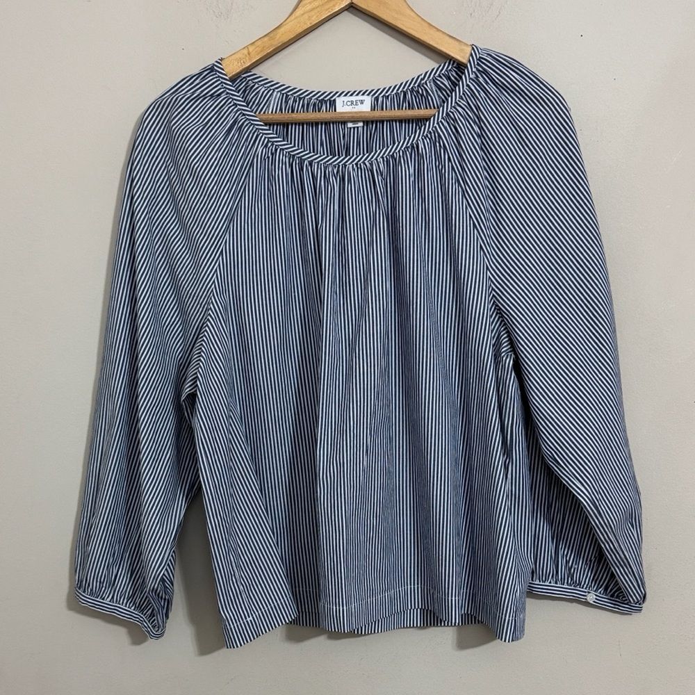 J. Crew Peasant Blouse SP25 Blue Stripe size L Coastal Preppy Minimalist Classic